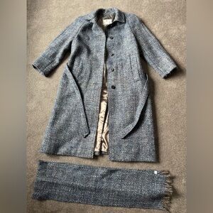 Vintage Aquascutum London Blue-Gray Tweed Overcoat with Matching Scarf